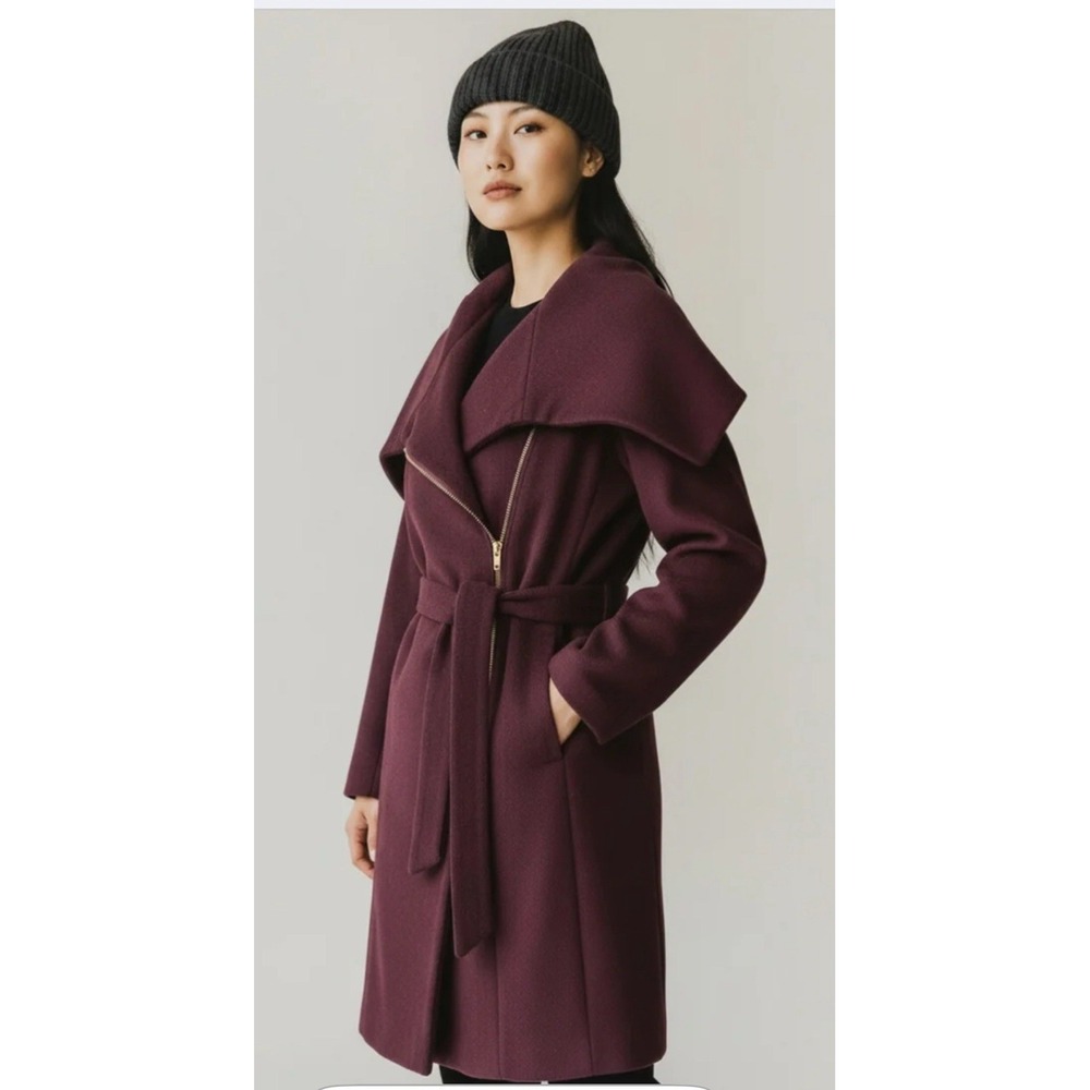 Cole Haan Signature Women's Belted Wool Pea Coat Bordeaux Wrap Size 4 Wine Plum